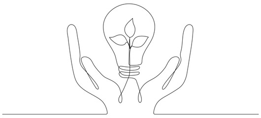 Poster - Lightbulb with leaf in hands continuous line drawing. Arms holding sprout with leaves inside lamp. Linear eco symbol. Vector illustration isolated on white.