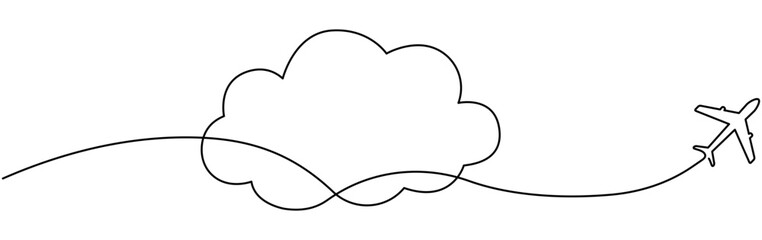Poster - Airplane with cloud continuous one line drawn. Flying plane in sky. Travel linear symbol. Vector illustration isolated on white.