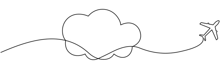 Poster - Airplane with cloud continuous one line drawn. Flying plane in sky. Travel linear symbol. Vector illustration isolated on white.