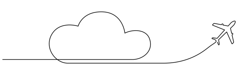 Poster - Airplane with cloud continuous one line drawn. Flying plane in sky. Travel linear symbol. Vector illustration isolated on white.