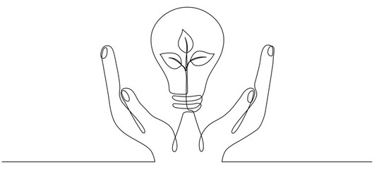 Poster - Lightbulb with leaf in hands continuous line drawing. Arms holding sprout with leaves inside lamp. Linear eco symbol. Vector illustration isolated on white.