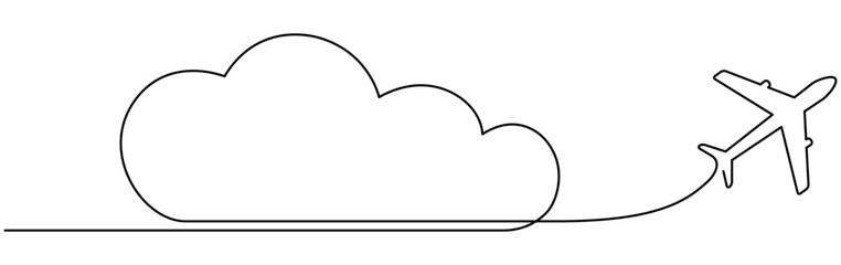 Poster - Airplane with cloud continuous one line drawn. Flying plane in sky. Travel linear symbol. Vector illustration isolated on white.