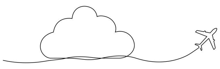 Poster - Airplane with cloud continuous one line drawn. Flying plane in sky. Travel linear symbol. Vector illustration isolated on white.