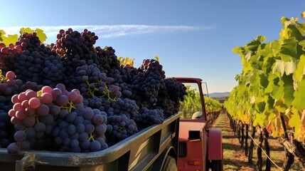 Wall Mural - Generative AI, Fresh grapes in a truck, grape harvest at a vineyard