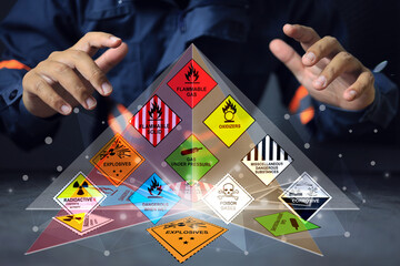 Wall Mural - hazardous substance concept chemical safety officer at a dangerous goods warehouse work through holo