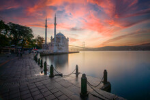 Ortakoy Mosque And Bosphorus Bridge In Istanbul At Sunrise, Turkey