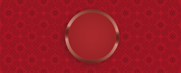 Wall Mural - Round isolated frame with golden border on red design with pattern