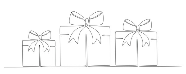 Gift boxes with bows hand drawing single line. Vector stock illustration isolated on background for design template Christmas, wedding or birthday banner, invitation, greeting card. Editable stroke
