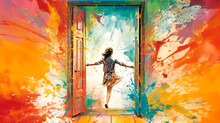 Enchanting Young Woman Emerging In Surprise From Vibrant, Alice In Wonderland-style Doorway On Fluid Watercolor Backdrop.