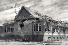 Stirring Monochrome Illustration Of A Cracked School Building, Symbolizing The Unseen Emotional Scars From Bullying.
