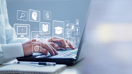 E-learning education, internet lessons and online webinar. Person who attends online lessons on a digital screen.Education internet Technology.