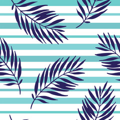  Navy blue tropical leaves on striped background. Seamless tropical pattern