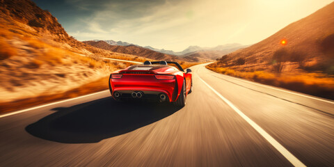  Breathtaking sportscar, rich red, zipping along an open road. Captures thrill, excitement of driving and pursuit of daily exhilaration.