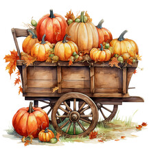 Watercolor Drawing. Autumn Wagon With Harvest, With Pumpkins And Flowers In Vintage Style. Thanksgiving Card Decoration, Autumn, Harvest Festival