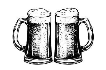 Two beer glasses with ale and lush foam.hand drawn ink sketch. Engraving vintage style vector illustration.