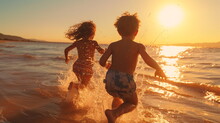 Happy Two Children ,small Boys On Sunset Sea Run And Play On Beach And In Sea Water, Sunbeam Light Refclection On Wave Splash Drops  
