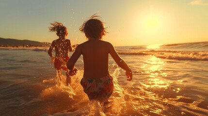 Wall Mural - happy two children ,small boys on sunset sea run and play on beach and in sea water, sunbeam light refclection on wave splash drops  