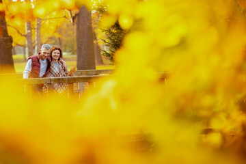 smiling stylish couple in park walking on bridge