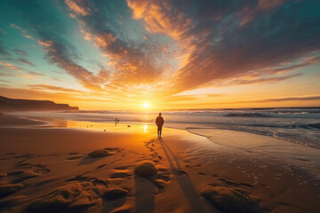 Wall Mural - Person enjoying a beautiful sunset on a sandy beach