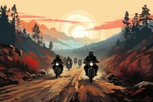 A Group Of People Riding Motorcycles Down A Dirt Road. Digital Image.