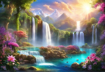 Wall Mural - Paradise landscape with beautiful  gardens, waterfalls and flowers, magical idyllic  background, heavenly view with beautiful fantastic flowers and lush vegetation in Eden.