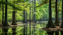 Merchant's Millpond State Park In Northeastern North Carolina In Late May. Dominant Trees Are Water Tupelo (Nyssa Aquatica) And Baldcypress (Taxodium Distichum) Generative Ai