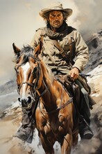 A Painting Of A Man Riding A Horse. Digital Image.