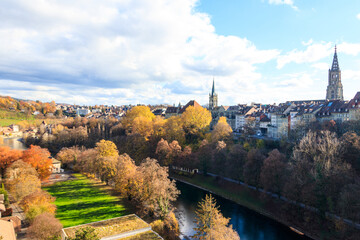 Wall Mural - View of the Aare river and old town of Bern at autumn in Switzerland