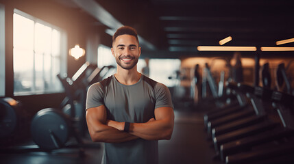  Muscular brunette man in sportswear, smiling and looking at the camera on the background of the gym with copy space. Personal trainer. The concept of a healthy lifestyle and sports.
