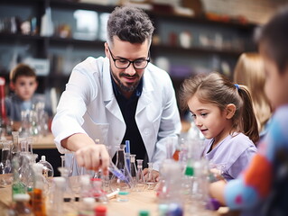 Sticker - Large group of diverse children wearing lab coats in chemistry class while enjoying science experiments