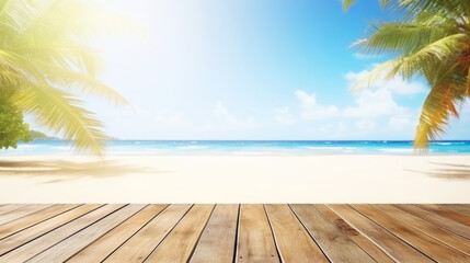 Empty wide Table top wooden bar with blurred beautiful beach scene background coconut leaf on the frame for product display mockup outside summer day time, Resort on nature sea