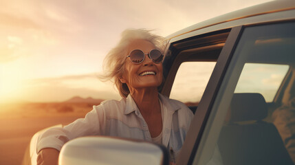 Wall Mural - carefree woman sitting in front seat of car, stretching her arm out window and catching glare of setting suset woman travels by car catches wind with her hand from car window.,ai generate