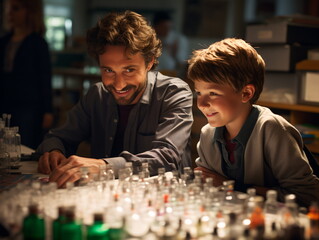 Sticker - Large group of diverse children wearing lab coats in chemistry class while enjoying science experiments