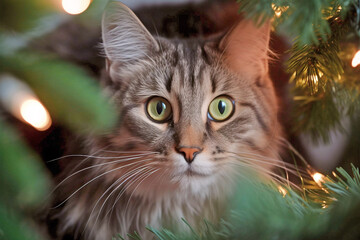 Wall Mural - Cat face peeking out of Christmas tree with lights. 