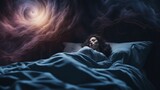 Fototapeta Zwierzęta - A woman sleeping in bed, dream projected on the wall, clouds and a dreamy night sky