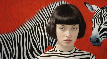 Poster -  a painting of a woman and a zebra on a red background.  generative ai