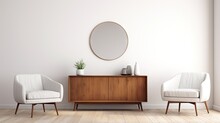 Minimalist Living Room With Armchair, Sideboard, Mirror, Crockery, Books, Stool, White Wall, Hardwood Floor For Meeting.