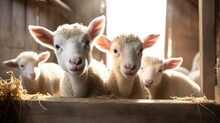 Generative AI, Little Lambs Looking At The Camera On A Farm, Baby Sheeps