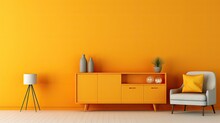 Monochrome Orange And Yellow Room With Furniture And Accessories. Light Background With Copy Space. For Web, Presentation, Or Picture Frame Background.