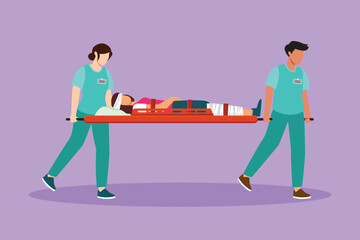 Wall Mural - Graphic flat design drawing paramedic team of woman doctors moving with injured sick patient on stretcher to ambulance car. Saving lives, calling emergency accident. Cartoon style vector illustration