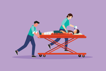 Wall Mural - Graphic flat design drawing of medical team resuscitates affected person. Doctors take patient to gurney. Man has difficulty breathing. Health care and emergency aid. Cartoon style vector illustration