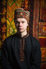 portrait of a young man standing in front of ethnic text