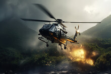 Action Shot With Helicopter Hovering In The Air Over Flame And Explosions. Dynamic Scene In Action Movie Blockbuster Style.