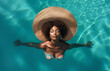 Young black woman wearing straw hat relaxing at spa pool - Beautiful woman relaxing in outdoor spa swimming pool - Top view of attractive girl enjoy vacation at resort. Generative AI