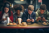 Fototapeta Sypialnia - Group of multicultural friends using smartphone at restaurant - Multiracial teens using mobile smart phone at fast food bar - Technology addiction concept - Generative AI