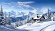 © Anna - a snowy mountain scene with a cabin in the foreground.  generative ai