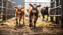 Generative AI, Little Calfs Looking At The Camera On A Farm, Baby Cows