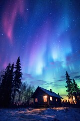 ky at night with aurora borealis, countryside with a cute, large log-cabin on a small hill near a fo