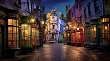 Diagon Alley Of Old Magic Town Of Wizards, Street Lights, Shop Signs