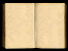 Turn Of Yellowed Pages, Old Vintage Open Book Isolated On Black Background